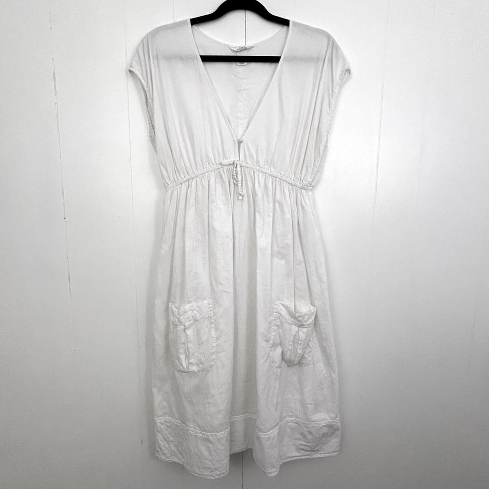 H&M L.O.G.G. White 100% Cotton V-Neck Empire‎ Waist Midi Dress Womens Size 10